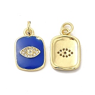 Brass Micro Pave Cubic Zirconia Pendants, with Enamel & Jump Ring, Rectangle with Eye Charm, Golden, Royal Blue, 16x11x2mm, Hole: 3.3mm(KK-E068-VB438-1)