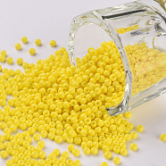 11/0 Grade A Baking Paint Glass Seed Beads, Round, Yellow, 2.3x1.5mm, Hole: 1mm, about 5300pcs/50g(X-SEED-N001-A-1001)