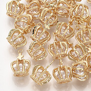 Brass Cubic Zirconia Pendants, Crown, Clear, Real 18K Gold Plated, 15x11x11mm, Hole: 1mm(KK-S348-446)