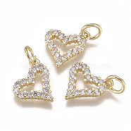 Brass Micro Pave Cubic Zirconia Charms, with Jump Ring, Long-Lasting Plated, Heart, Clear, Real 18K Gold Plated, 10x10x2mm, Hole: 3mm(X-ZIRC-F111-19G)