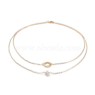 Double Layer Necklaces, with Natural Pearl Beads, 304 Stainless Steel Ring Links, Brass Cable Chains and Lobster Claw Clasps, Golden, 16.34 inch(41.5cm)(NJEW-JN02683)