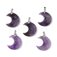 Natural Amethyst Pendants, Moon Charms, with Platinum Tone Brass Findings, 35x27x10mm, Hole: 10x4mm(G-Z022-04C)