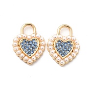 Alloy Rhinestone Pendants, with ABS Plastic Imitation Pearl Beads, Golden Tone Heart Charms, Light Sapphire, 18x14x3mm, Hole: 4x4mm(ALRI-K048-03A)