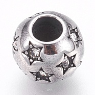 304 Stainless Steel European Beads, Large Hole Beads, with Rhinestone, Rondelle with Star, Antique Silver, 10x9mm, Hole: 4mm(STAS-O097-60AS)