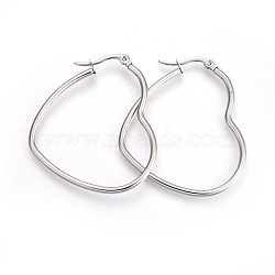 Tarnish Resistant 201 Stainless Steel Hoop Earrings, with 304 Stainless Steel Pin, Heart, Stainless Steel Color, 34~37x41~43mm, 12 Gauge, Pin: 1mm(X-EJEW-A052-09B)
