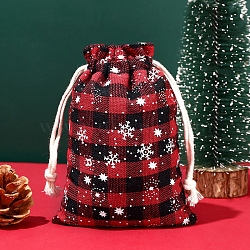 Christmas Themed Burlap Drawstring Bags, Rectangle Tartan Pouches for Christmas Party Supplies, Red, 14x10cm(XMAS-PW0001-236D)