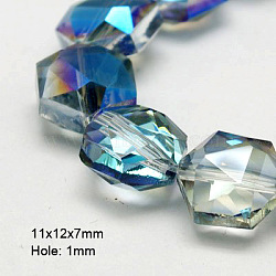 Electroplate Glass Beads, Half Plated, Faceted, Hexagon, Blue, 11x12x7mm, Hole: 1mm(X-EGLA-D022-11)