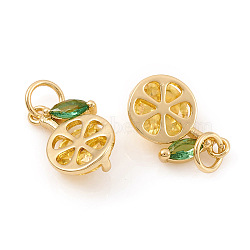 Brass Micro Pave Cubic Zirconia Charms, with Jump Ring, Lemon, Yellow & Green, Real 18K Gold Plated, 11x7x3.5mm, Hole: 2.5mm(X-ZIRC-G169-03G)