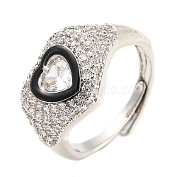 Enamel Heart Adjustable Ring with Clear Cubic Zirconia, Platinum Brass Ring, Lead Free & Cadmium Free, Black, Inner Diameter: 17.6mm(RJEW-Q781-01P-01)