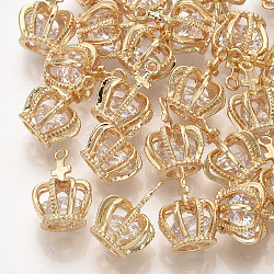 Brass Cubic Zirconia Pendants, Crown, Clear, Real 18K Gold Plated, 15x11x11mm, Hole: 1mm(KK-S348-446)