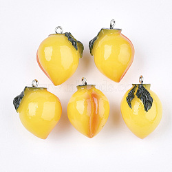 Resin Pendants, with Platinum Tone Iron Findings, Imitation Food, Peach, Gold, 28~30x23x20mm, Hole: 2mm(X-RESI-T028-48)