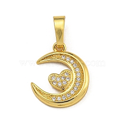 Rack Plating Brass Micro Pave Cubic Zirconia Pendants, Long-Lasting Plated, Moon with Heart, Real 18K Gold Plated, 19x15.5x3mm, Hole: 5X6.5mm(KK-U035-05G)