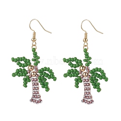 Glass Seed Braided Coconut Tree Dangle Earrings, Golden Tone Brass Long Drop Earrings for Women, Green, 58mm, Pin: 0.7mm(EJEW-JE05169)