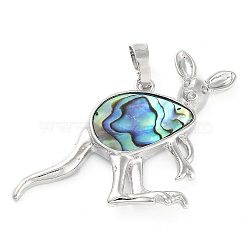 Paua/Abalone Shell Pendants, with Brass Findings, Kangaroo, Platinum, Sea Green, 33.5x48x3mm, Hole: 5.5x7mm(G-A176-A13)