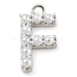 Plastic Imitation Pearl Pendants, with Eco-friendly Brass Findings, Lead Free & Cadmium Free, Letter Charms, Letter F, 14x6x3mm, Hole: 1.4mm(KK-P230-17P-F)