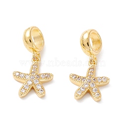 Brass Cubic Zirconia European Dangle Charms, Largr Hole Pendants, Long-Lasting Plated, Real 18K Gold Plated, Starfish, Clear, 23mm, Hole: 5mm, Pendant: 14x11.5x3mm(KK-B037-14G)