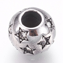 304 Stainless Steel European Beads, Large Hole Beads, with Rhinestone, Rondelle with Star, Antique Silver, 10x9mm, Hole: 4mm(STAS-O097-60AS)