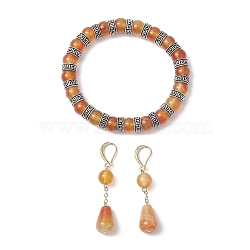 Natural Carnelian & Crackle Agate Beads Earring & Bracelets Set, Brass Jewelry Sets for Women, Inner Diameter: 2.09 inch(53mm)(SJEW-JS01309)