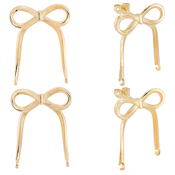 6Pcs Brass Stud Earring Finding, with Loop, Bowknot, Real 14K Gold Plated, 29.5x23mm, Hole: 1.6mm, Pin: 0.8mm