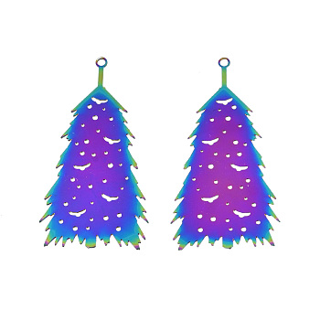 201 Stainless Steel Pendants, Etched Metal Embellishments, Christmas Tree, Rainbow Color, 44.5x22x0.3mm, Hole: 1.4mm