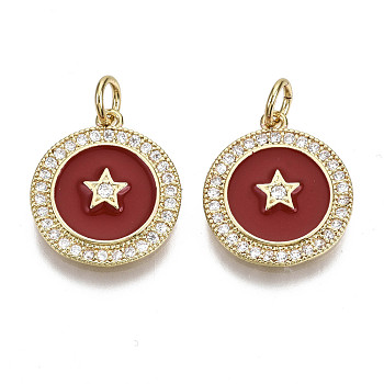 Brass Micro Pave Cubic Zirconia Pendants, with Enamel and Jump Ring, Nickel Free, Flat Round with Star, Real 16K Gold Plated, Dark Red, 16x14x2mm, Hole: 3mm, Jump Ring: 5x1mm, 3mm inner diameter