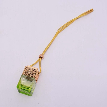 Car Hanging Air Freshener Glass Bottles, with Plastic Stopper, Wooden Dust Plug, Refillable Empty Perfume Bottles, Cube, Green, 260mm