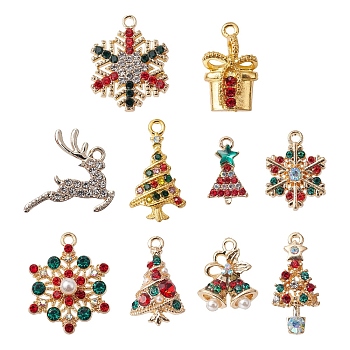 10Pcs 10 Style Rack Plating Alloy Pendants, with ABS Plastic Imitation Pearl and Rhinestone, Christmas Tree & Gift Box & Snowflake & Bell & Deer, Mixed Color, 17~26x10~19.5x2~5.5mm, hole: 1.5~3mm, 1Pc/style