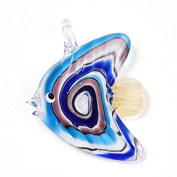 Handmade Lampwork Big Pendants, Fish Charms, Dodger Blue, 50~54x37.5~42x11.5~13mm, Hole: 5.5~6x6~6.5mm