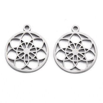 304 Stainless Steel Pendants, Laser Cut, Ring with Flower, Stainless Steel Color, 19x16x1mm, Hole: 1.6mm