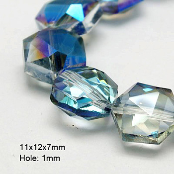 Electroplate Glass Beads, Half Plated, Faceted, Hexagon, Blue, 11x12x7mm, Hole: 1mm