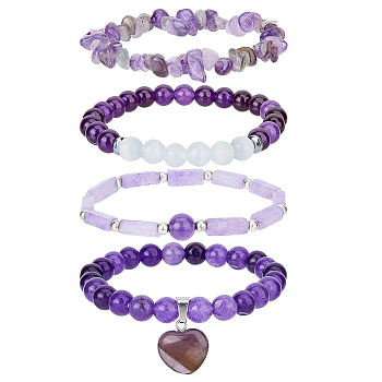 FIBLOOM 4Pcs 4 Style Natural Amethyst Beaded Stretch Bracelets Set, Stackable Bracelets with Heart Charms, Inner Diameter: 2-1/8~2-1/4 inch(5.3~5.7cm), 1Pc/style