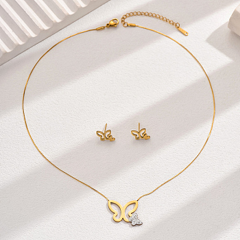 Elegant Vintage Stainless Steel Rhinestone Butterfly Shaped Stud Earrings & Necklaces Set for Women, Real 18K Gold Plated