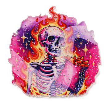 Halloween Themed Double-sided Printed Acrylic Pendants, Deep Pink, Skeleton, 44x44x2mm, Hole: 1.6mm