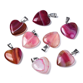 Natural Banded Agate/Striped Agate Pendants, Dyed, with Stainless Steel Snap On Bails, Heart, Stainless Steel Color, Mixed Color, 22~24x20~21x5~7mm, Hole: 3~4x7~8.5mm