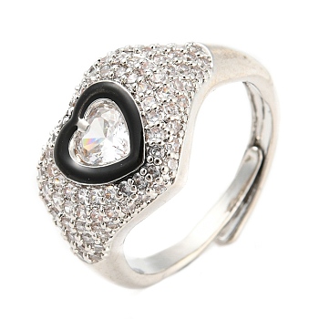 Enamel Heart Adjustable Ring with Clear Cubic Zirconia, Platinum Brass Ring, Lead Free & Cadmium Free, Black, Inner Diameter: 17.6mm
