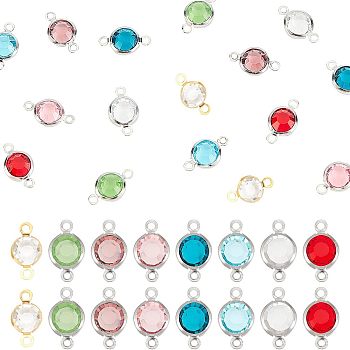 16Pcs 8 Colors 304 Stainless Steel Links/Connectors, with Glass, Flat Round, Mixed Color, 12x6x3mm, Hole: 1.5mm