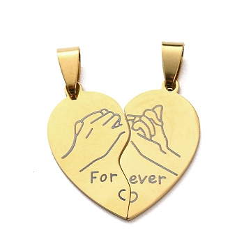 201 Stainless Steel Split Pendants, Heart with Hand Pattern & Word Forever Charms, Real 18K Gold Plated, 30.5x29.5x1.5mm, Hole: 8x4.5mm
