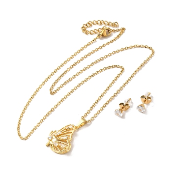 Clear Cubic Zirconia Butterfly Pendant Necklace & Diamond Stud Earrings, 304 Stainless Steel Jewelry Set for Women, Golden, 495mm, 13.5x5.5mm, Pin: 0.7mm