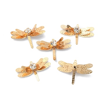 Brass Pendants, with Crystal Rhinestone, Dragonfly, Light Gold, 15x22x4.5mm, Hole: 0.7mm