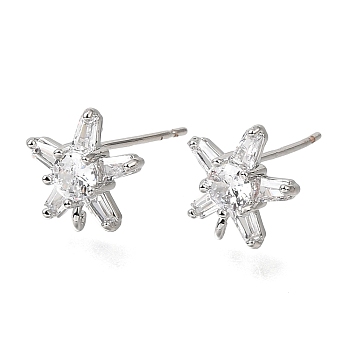 Brass Pave Cubic Zirconia Stud Earring Findings, Star, with Loop, Platinum, 10.5x10mm, Pin: 0.7mm