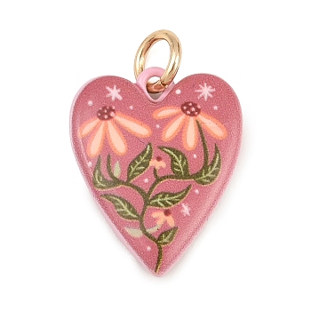 Painted Brass Pendants, Heart with Flower Charms, Golden, Pink, 19.5x16x4mm, Hole: 4mm