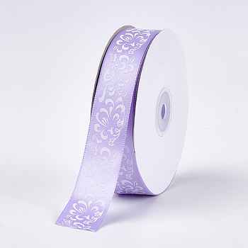 Single Face Satin Ribbon, Polyester Ribbon, Flower Pattern, Lilac, 1 inch(25mm), about 50yards/roll(45.72m/roll)