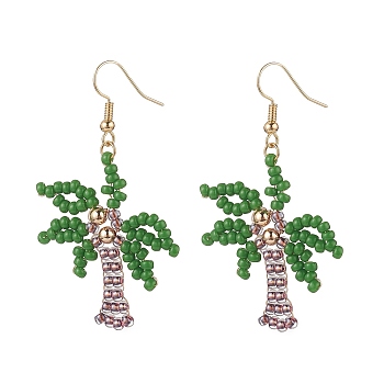 Glass Seed Braided Coconut Tree Dangle Earrings, Golden Tone Brass Long Drop Earrings for Women, Green, 58mm, Pin: 0.7mm