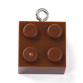 Resin Pendants, with Platinum Iron Loop, Toy Bricks, Coconut Brown, 21x15.5x11mm, Hole: 2.6mm