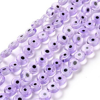 Handmade Evil Eye Lampwork Flat Round Bead Strands, Purple, 8x3.2mm, Hole: 1mm, about 49pcs/strand, 14.56 inch