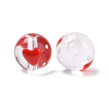 Handmade Glass Enamel Beads Strands, Round with Heart, Red, 13x12mm, Hole: 1.2mm, about 30pcs/strand