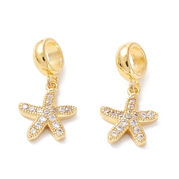 Brass Cubic Zirconia European Dangle Charms, Largr Hole Pendants, Long-Lasting Plated, Real 18K Gold Plated, Starfish, Clear, 23mm, Hole: 5mm, Pendant: 14x11.5x3mm