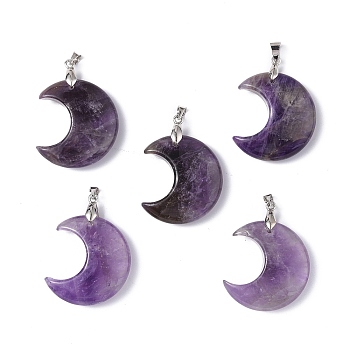 Natural Amethyst Pendants, Moon Charms, with Platinum Tone Brass Findings, 35x27x10mm, Hole: 10x4mm
