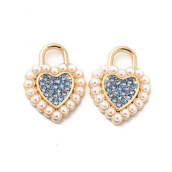 Alloy Rhinestone Pendants, with ABS Plastic Imitation Pearl Beads, Golden Tone Heart Charms, Light Sapphire, 18x14x3mm, Hole: 4x4mm