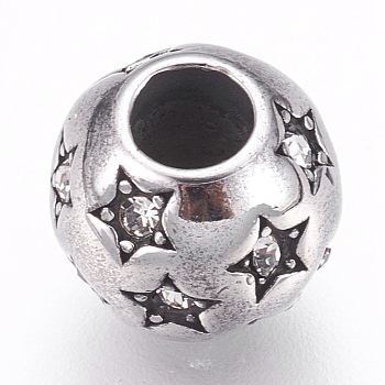 304 Stainless Steel European Beads, Large Hole Beads, with Rhinestone, Rondelle with Star, Antique Silver, 10x9mm, Hole: 4mm